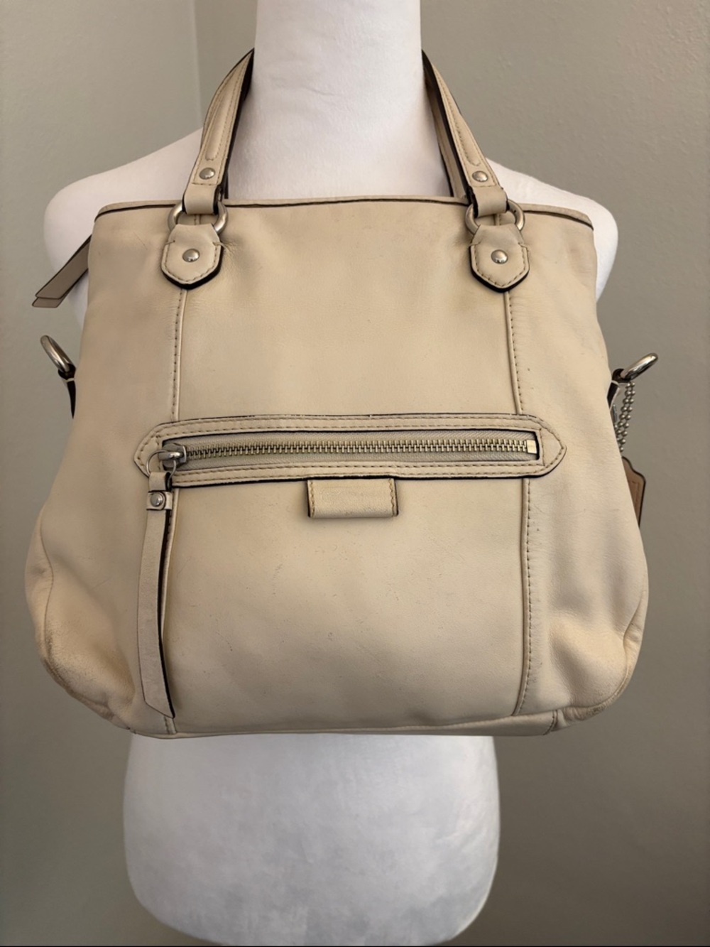 Coach Cream Leather Tote with Front Zip Pocket